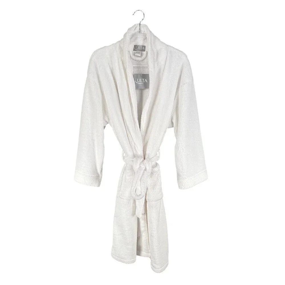 Ulta Beauty NWT Womens S/M White Textured Plush Spa Robe Belted Pockets